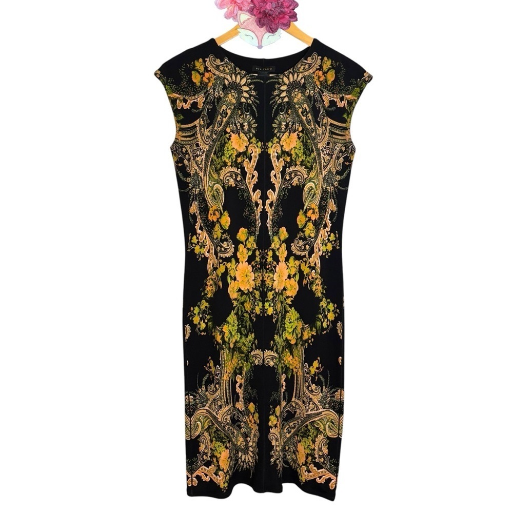 Eva Varro dress black yellow floral print sheath mini size small